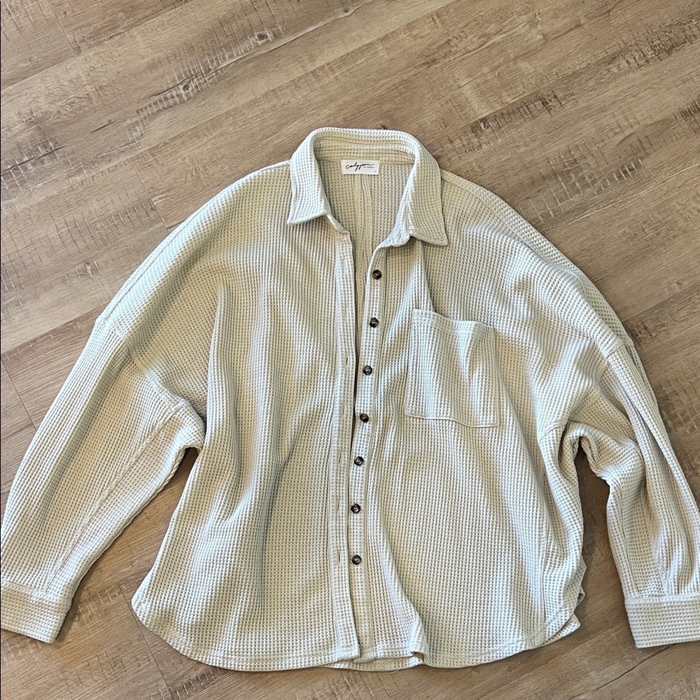 CarlyJean LA Cream Waffle Knit Button-Up Shirt